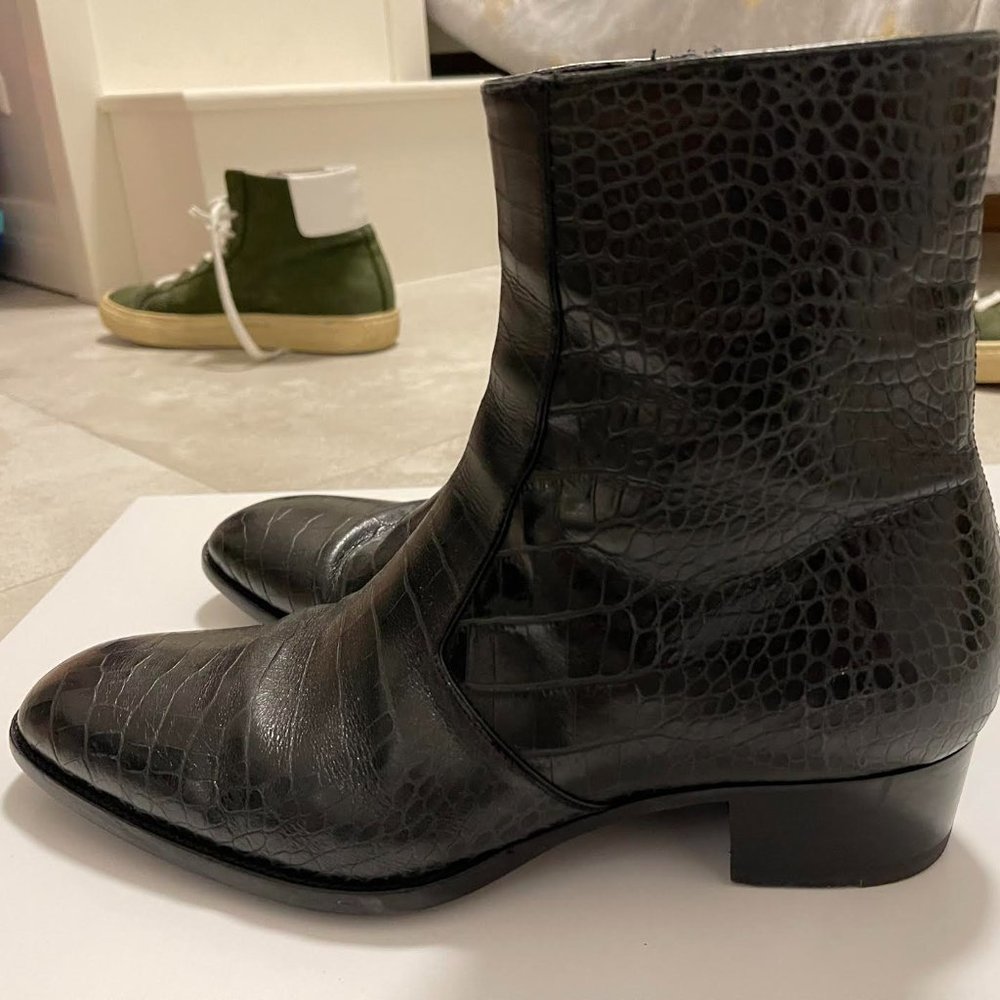 Saint Laurent Wyatt Croc-Embossed Leather Boots